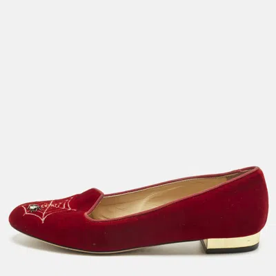 Pre-owned Charlotte Olympia Red Velvet Spider Ballet Flats Size 38