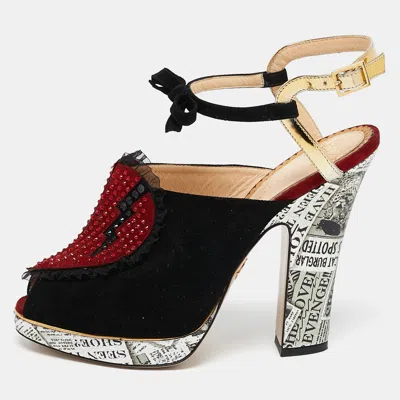 Pre-owned Charlotte Olympia Red/gold Suede And Leather Love Ankle Strap Sandals Size 39 In Black