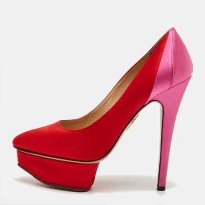 Charlotte Olympia Red/pink Satin Paloma Fan Pleat Platform Pumps In Black