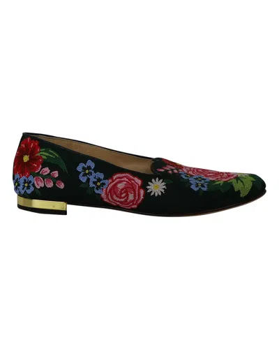 Charlotte Olympia Rose Garden Floral Embroidered Flats In Green Fabric In Multi