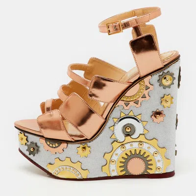 Pre-owned Charlotte Olympia Rose Gold Leather Platform Wedge Sandals Size 37