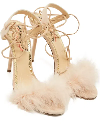 Pre-owned Charlotte Olympia Salsa Faux-fur Ankle-strap Sandals In Neutral