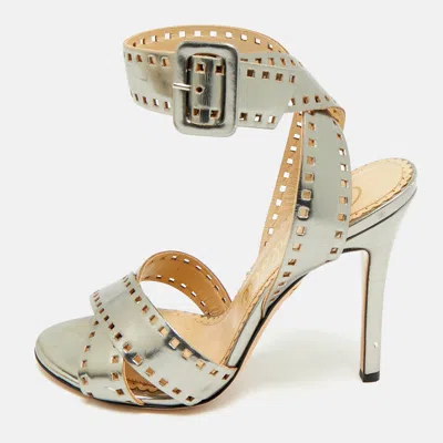 Charlotte Olympia Silver Leather Lasercut Crisscross Ankle Strap Sandals