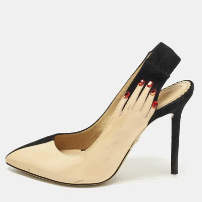 Pre-owned Charlotte Olympia Size 36 Beige/black Patent Leather And Suede Slingback Pumps In Sand