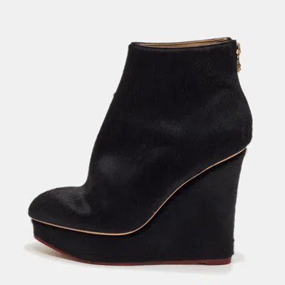 Pre-owned Charlotte Olympia Size 37 Black Calf Hair Platform Wedge Ankle Length Boots