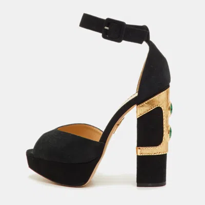 Pre-owned Charlotte Olympia Size 38 Black Suede Embellished Ankle Strap Platform Sandals
