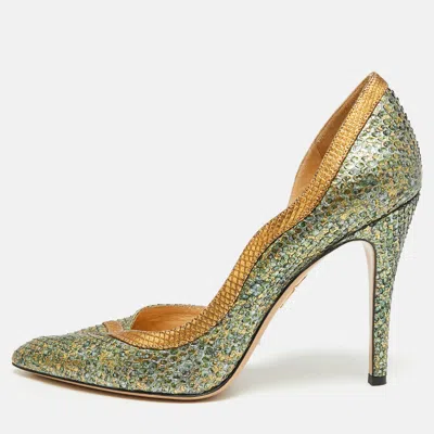 Pre-owned Charlotte Olympia Size 39 Metallic Green/gold Snakeskin Leather D'orsay Pumps