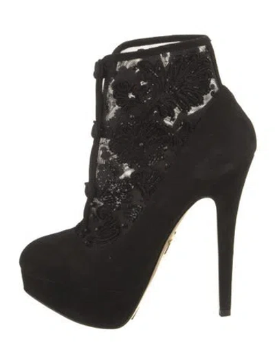 Pre-owned Charlotte Olympia Suede Beaded Accents Lace-up Boots In Black