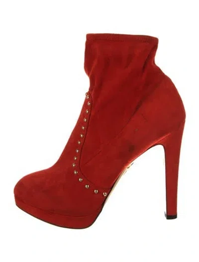 Pre-owned Charlotte Olympia Suede Studded Accents Boots In Red