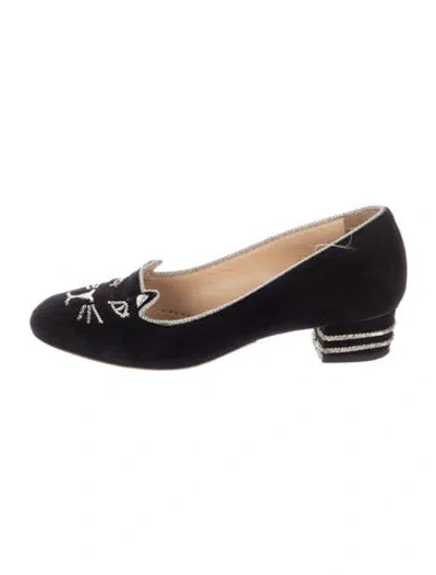 Pre-owned Charlotte Olympia Suede Studded Accents Loafers In Black
