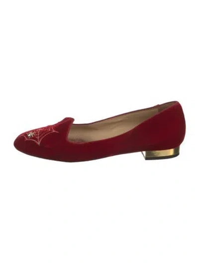 Pre-owned Charlotte Olympia Velvet Crystal Embellishments Loafers In Red
