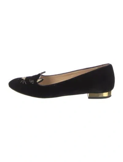 Pre-owned Charlotte Olympia Velvet Embroidered Accent Ballet Flats In Black