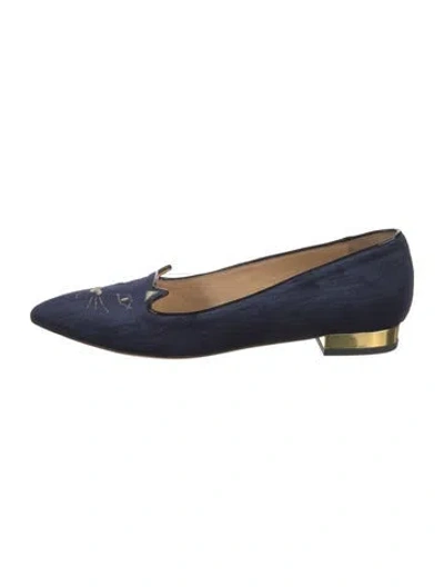 Pre-owned Charlotte Olympia Velvet Embroidered Accent Loafers In Blue