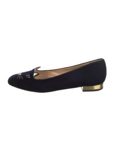 Pre-owned Charlotte Olympia Velvet Embroidered Accent Loafers In Blue