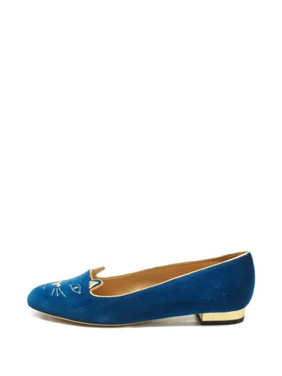 Pre-owned Charlotte Olympia Velvet Embroidered Ballet Flats In Blue