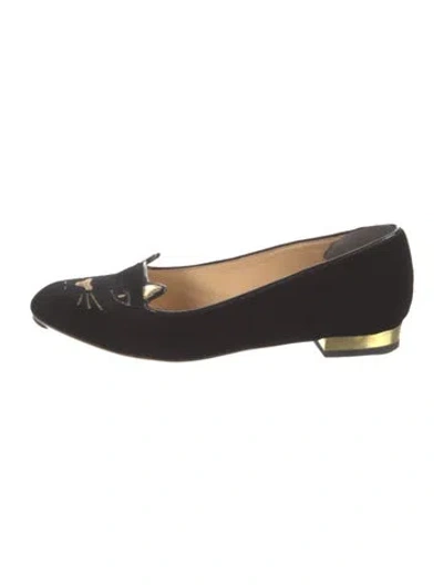 Pre-owned Charlotte Olympia Velvet Graphic Print Flats In Black