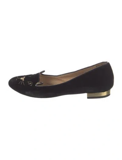 Pre-owned Charlotte Olympia Velvet Graphic Print Loafers In Black