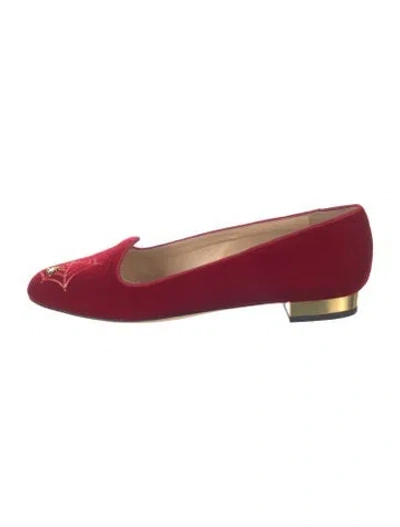Pre-owned Charlotte Olympia Velvet Graphic Print Loafers In Red