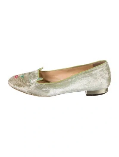 Pre-owned Charlotte Olympia Velvet Printed Loafers In Green