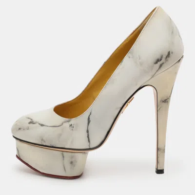 Pre-owned Charlotte Olympia White/grey Marble-print Leather Dolly Pumps Size 36