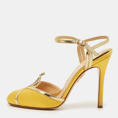 Pre-owned Charlotte Olympia Yellow Leather And Satin Queenie Ankle Strap Pumps Size 36