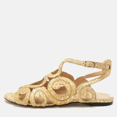 Pre-owned Charlotte Olympia Yellow/gold Python Cut Out Strappy Flat Sandals Size 38