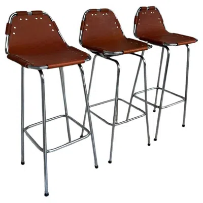 Pre-owned Charlotte Perriand 1960's Vintage 3x Original Leather Stools By  For Les Arcs In Brown
