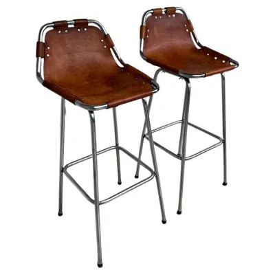Pre-owned Charlotte Perriand 1960's Vintage Two Original Leather By  Stools For Les Arcs In Brown