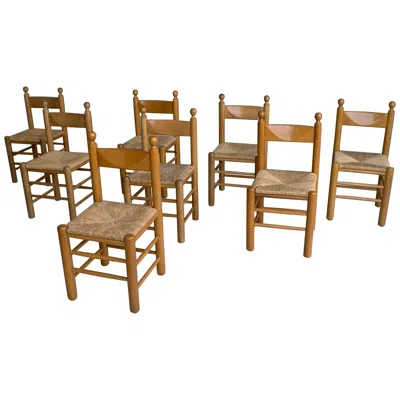 Pre-owned Charlotte Perriand 8 Oak And Rush Chairs In Style Of Charles Dudouyt , France 1960's In Brown