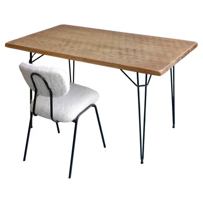 Pre-owned Charlotte Perriand Desk With Solid Oak Top And Hairpin Leggs, Merino Wool And Metal Chair, 1950's In Brown