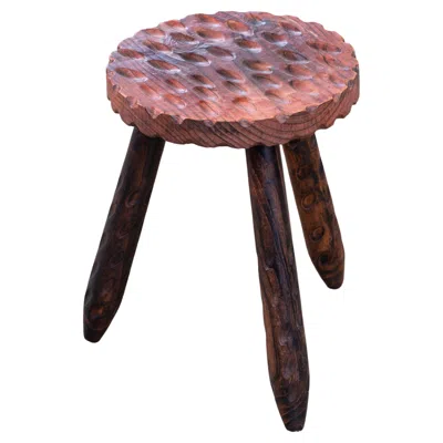 Pre-owned Charlotte Perriand French Brutalist Handcarved Tripod Stool In Brown