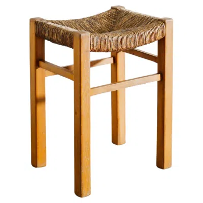 Pre-owned Charlotte Perriand French Mid Century Wooden Straw Rattan Stool Attr. To , 1960s In Brown