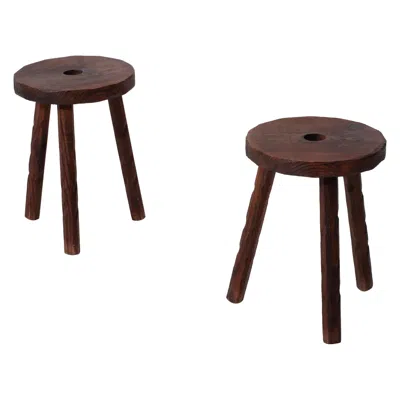 Pre-owned Charlotte Perriand French Midcentury Tripod Stool, A Pair In Brown