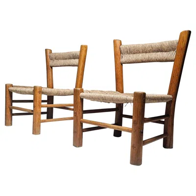 Pre-owned Charlotte Perriand French Rustic Pair Of Low Chairs In Elm Wood And Straw, 1960s In Brown