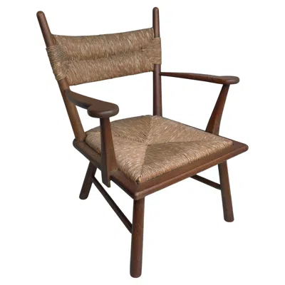 Pre-owned Charlotte Perriand French Solid Oak Mid-century Modern Rustic Armchair With Rush 1950's In Brown