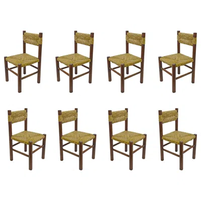 Pre-owned Charlotte Perriand Italian 1960s Dining Chairs In Straw And Wood In The Style Of  In Brown