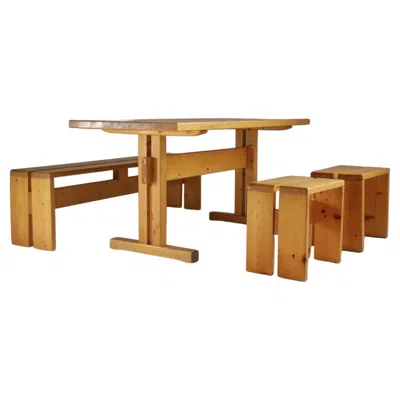 Pre-owned Charlotte Perriand Large Table, Bench And 2 Stools Les Arcs, , France, 1960s In Brown