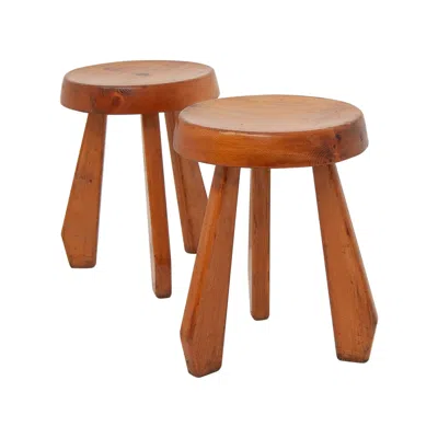 Pre-owned Charlotte Perriand Mid Century French 'tabouret Sandoz' Solid Pine Stool By  In Brown