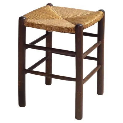 Pre-owned Charlotte Perriand Midcentury French Solid Wood Stool With Woven Straw Seat, 1960s In Brown