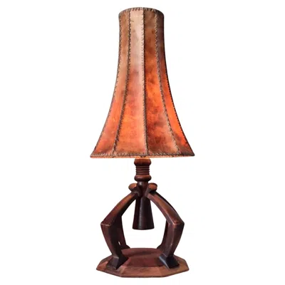 Pre-owned Charlotte Perriand Modernist Oak And Leather Table Lamp, Netherlands 1930s In Brown