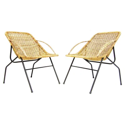 Pre-owned Charlotte Perriand Pair Of 1950s French "gazelle" Chairs In Wicker & Steel, Style Of Jacques Adnet In Sand