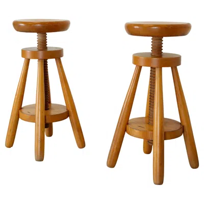 Pre-owned Charlotte Perriand Pair Of Mid-century Modern Adjustable Swivel Fir Screw Stools, Italy, 1960s In Brown