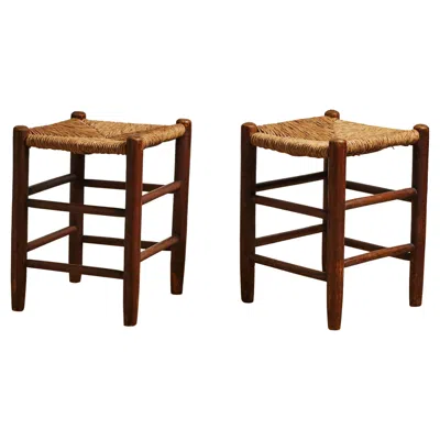 Pre-owned Charlotte Perriand Pine And Woven Rush Stools In The Manner Of , France, C. 1960 In Brown