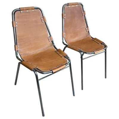 Pre-owned Charlotte Perriand Selected By  For Les Arcs Ski Resort, Leather Dining Chairs In Brown