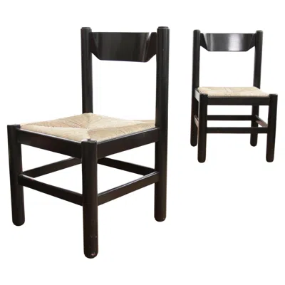 Pre-owned Charlotte Perriand Set Of 2 Vico Magistretti /  Style Rush Dining Room Chairs In Brown