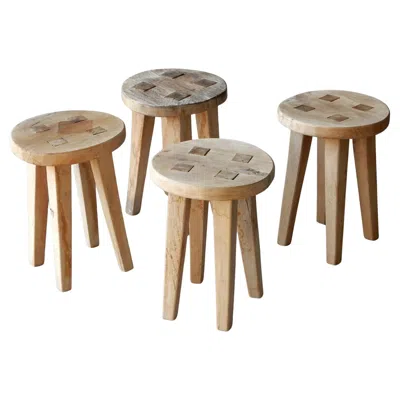 Pre-owned Charlotte Perriand Set Of 4 Primitive Wabi Sabi Wood Stools In Brown