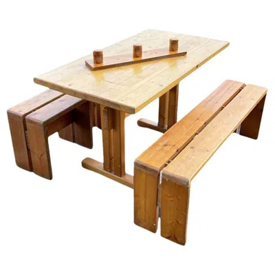 Pre-owned Charlotte Perriand Set Of 5, Dining Room Table, Stools And Bench By  For Les Arcs In Brown