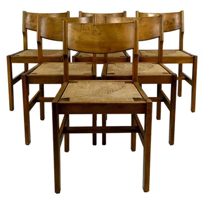 Pre-owned Charlotte Perriand Set Of 6 Brutalist Elm Chairs With Mulched Seats, Maison Regain, Circa 1960 In Brown