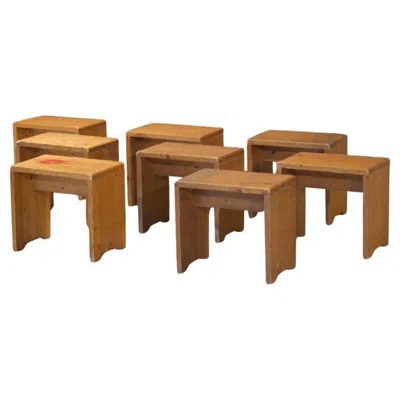 Pre-owned Charlotte Perriand Set Of 8 Les Arcs 1600 Stools By , 1950s In Brown