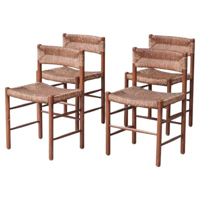 Pre-owned Charlotte Perriand Set Of Four Mid-century  'dordogne' Rush Dining Chairs In Brown